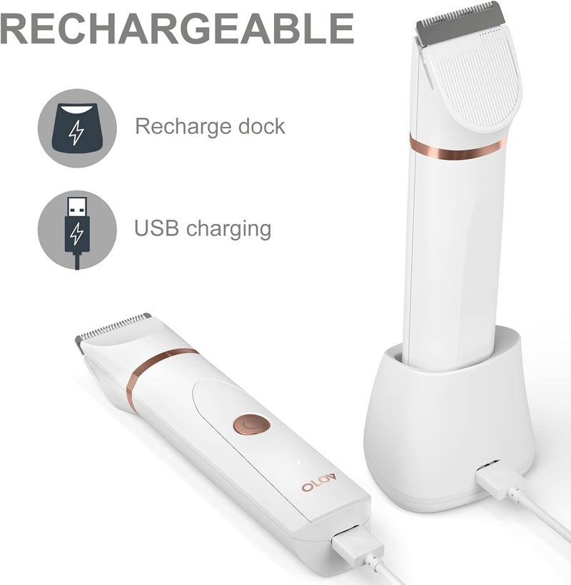 OLOV Electric Body Hair Trimmer - Groin Trimmer for Men - Bikini Trimmer Women - Wet/Dry Shaver Groomer, Replaceable Ceramic Blade Heads, USB Recharge Dock, Waterproof Hygiene Razor, White - Image 5